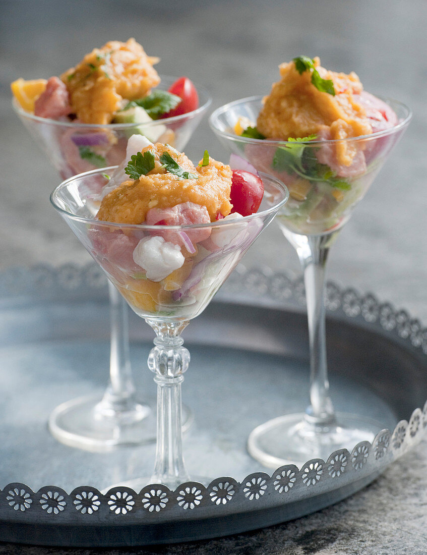 Ceviche with mashed sweet potatoes