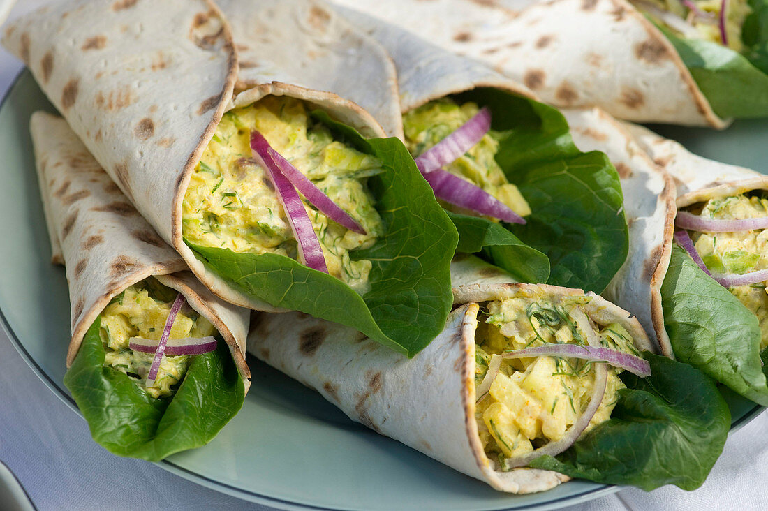 Wraps with herring salad and red onions