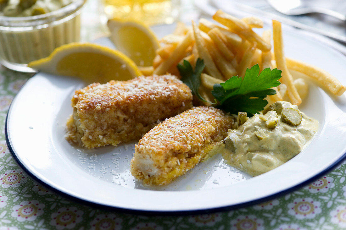 Cod fish fingers with chip and remoulade