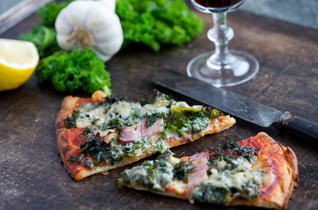 Kale pizza with pancetta and gorgonzola