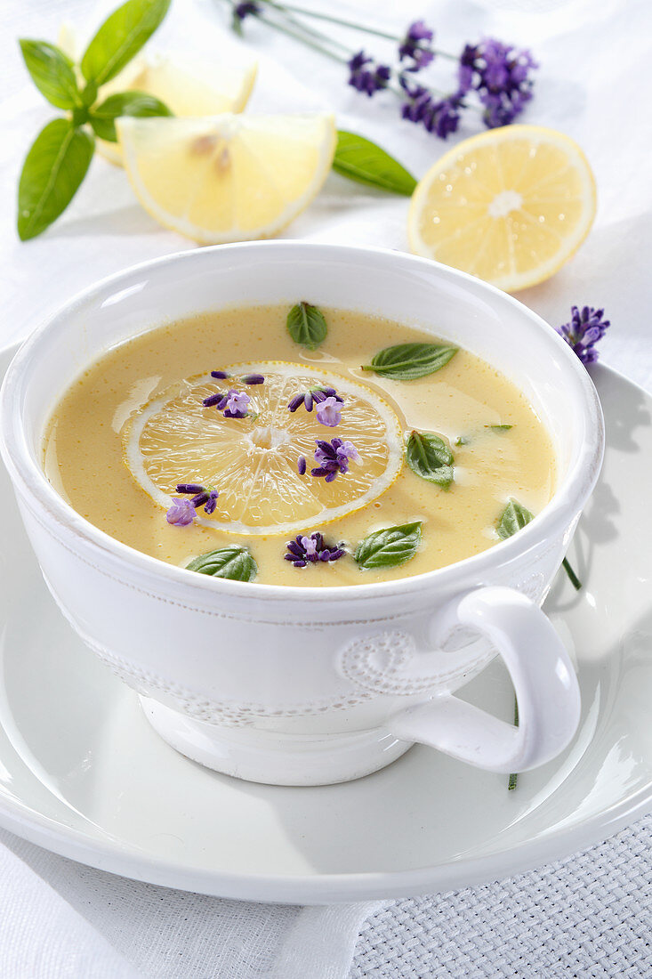 Lemon and chicken soup with lavender