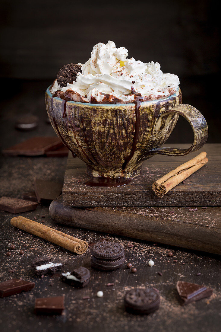Chocolate milkshake with cream and cinnamon