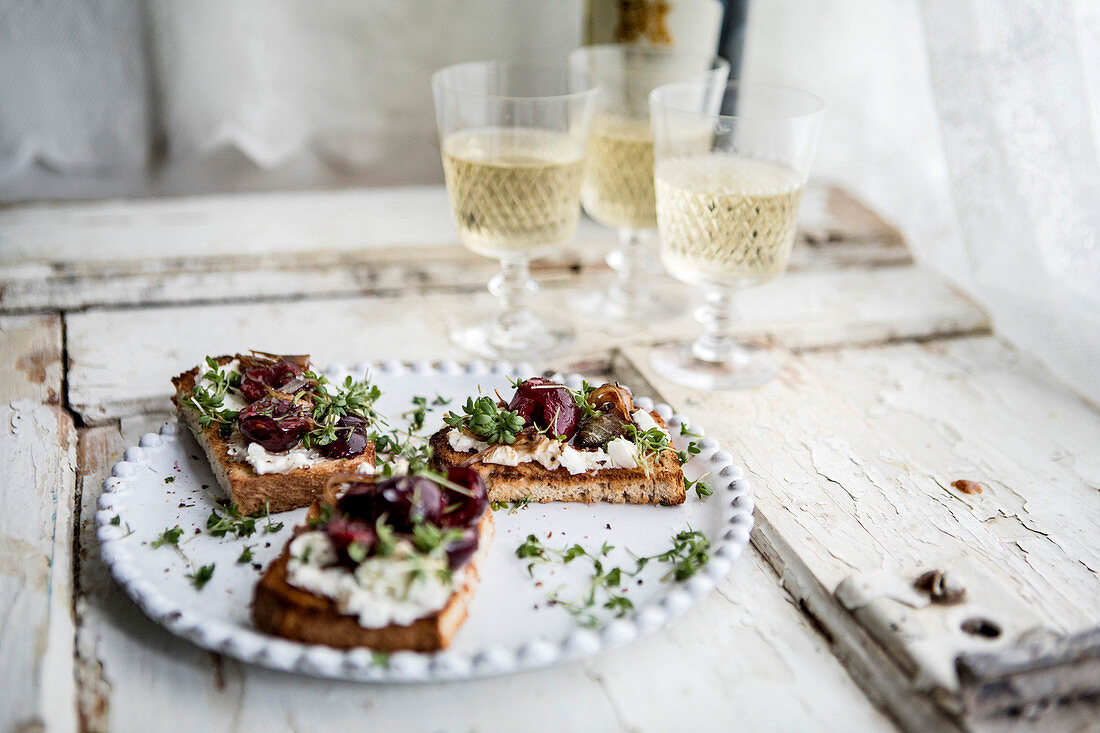 Bruschetta with balsamic cherries and rosemary