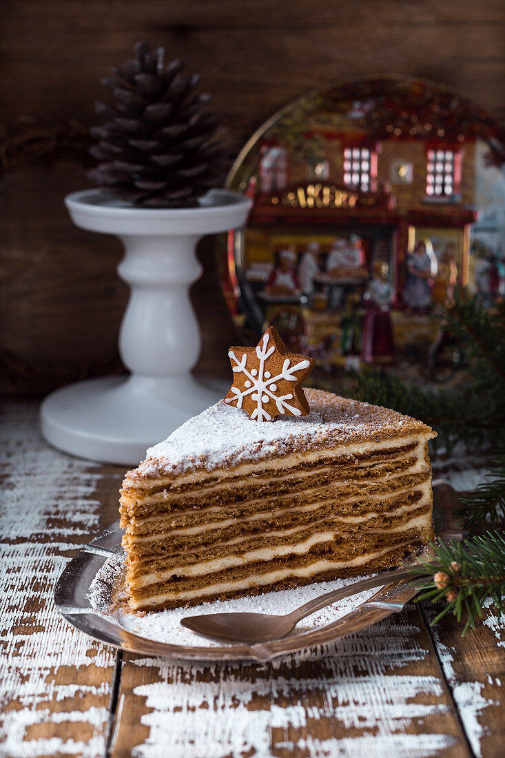 Tasty sweet cake with snowflake decoration