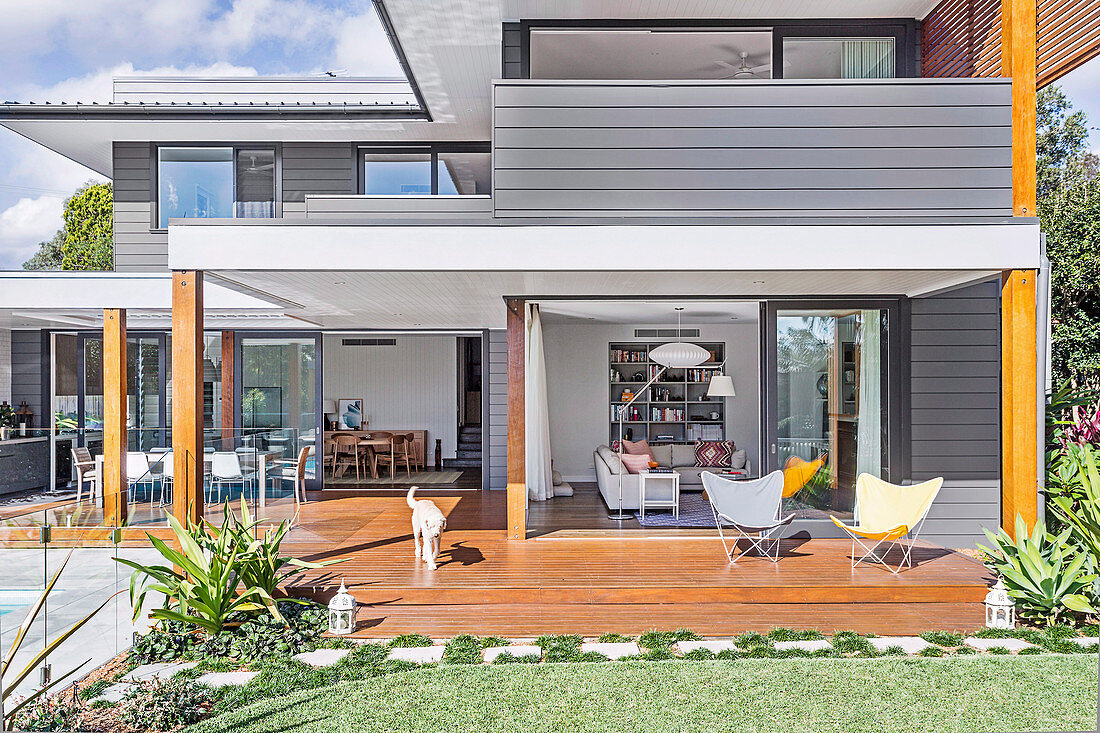 View from the garden of a modern house with window fronts