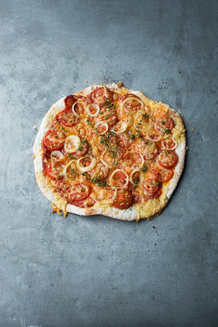 Homemade pizza with tomatoes and onions