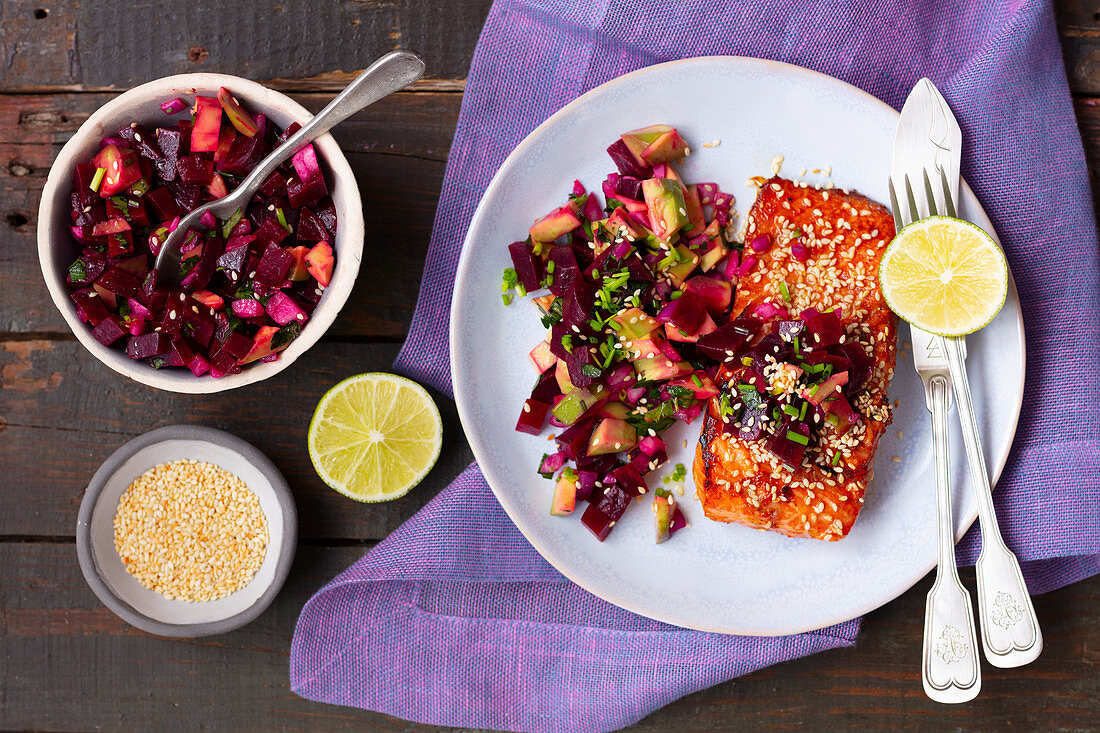 Salmon with beetroot and avocado salsa