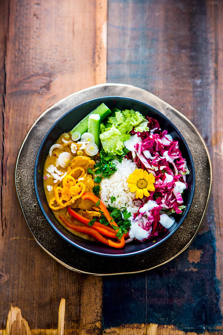 A Buddha bowl with vegetables and rice