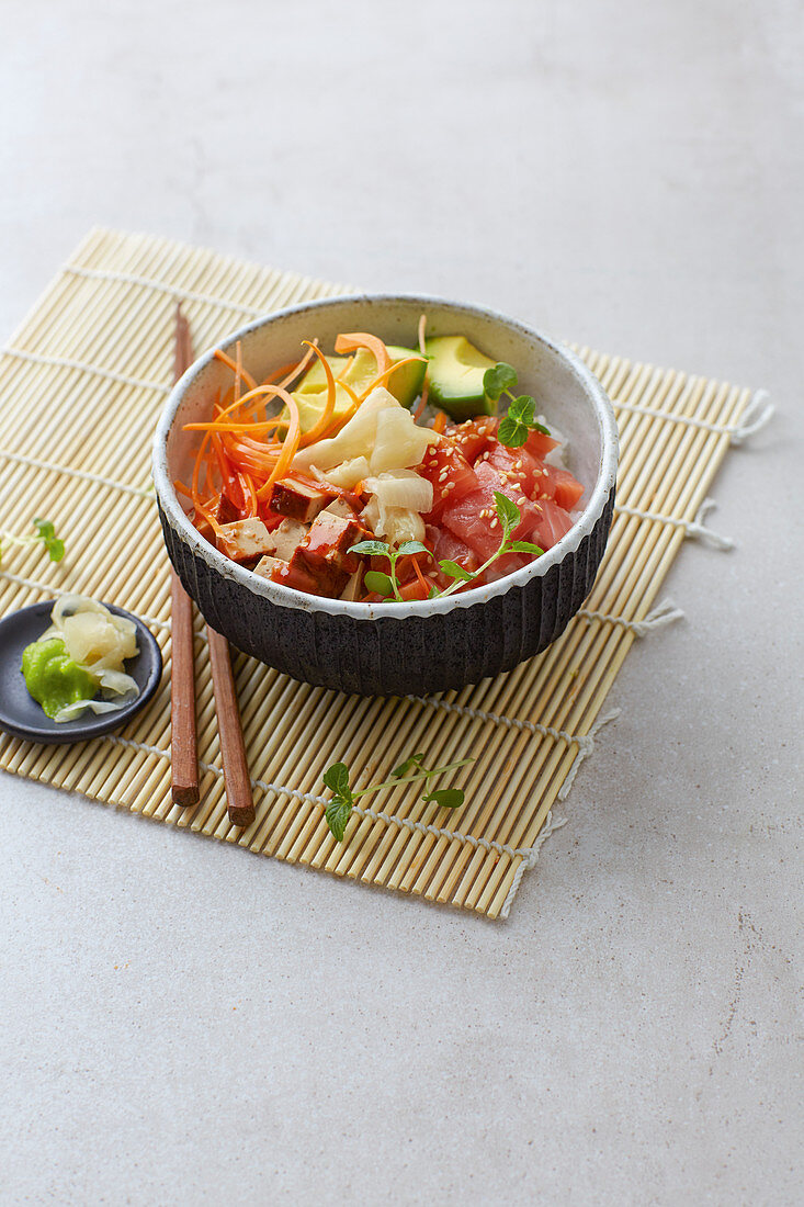 A poke bowl with wild salmon and smoked tofu