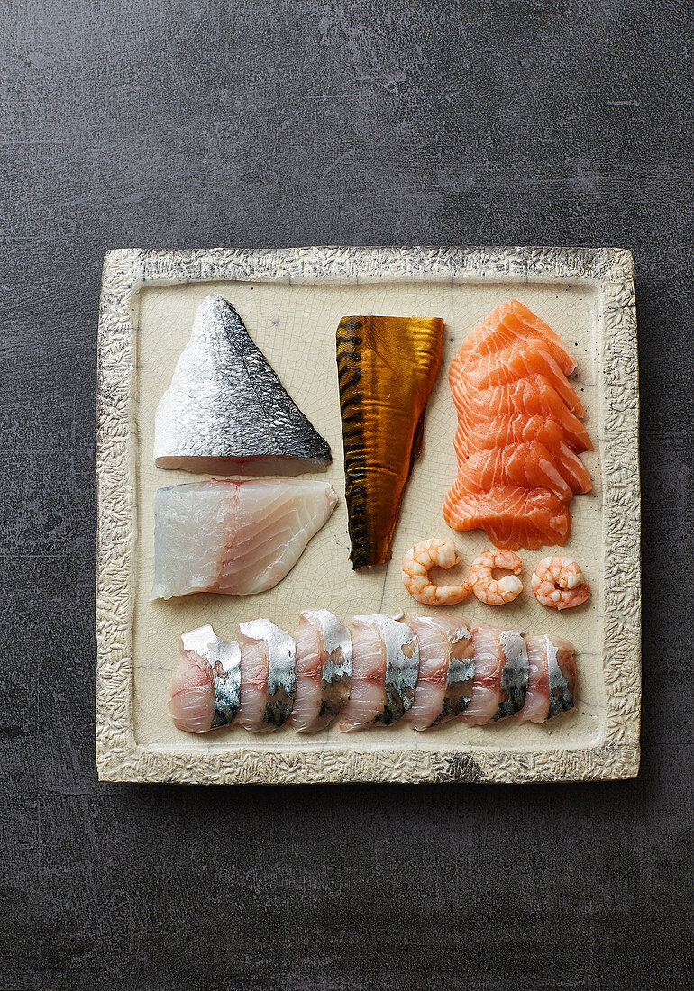 Fresh fish and prawns for sushi
