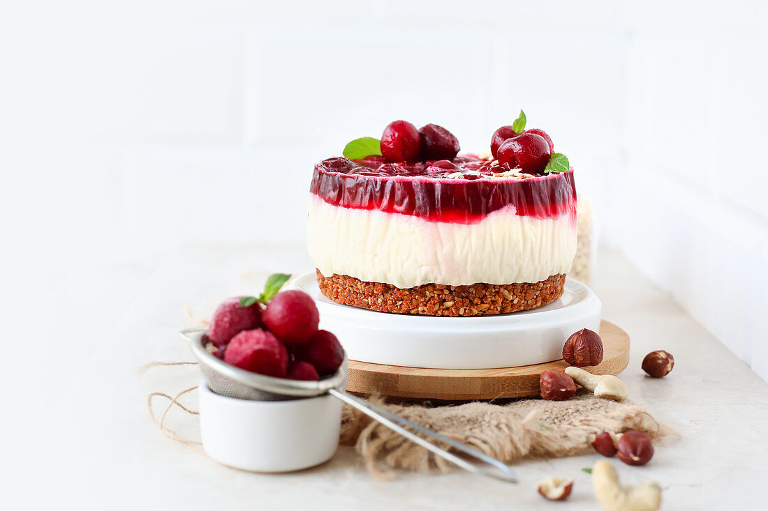 Cherry and Cottage Cheesecake with granola base