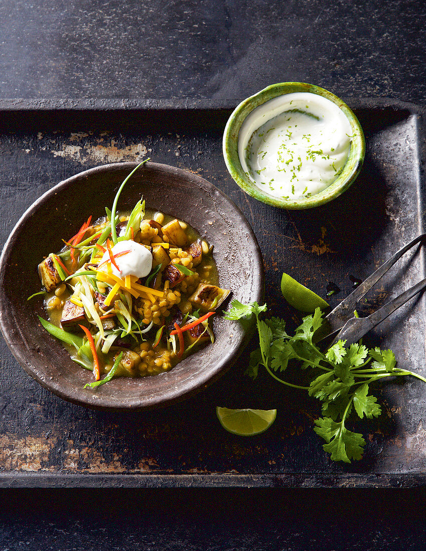Aubergine and lentil chilli with lime yoghurt
