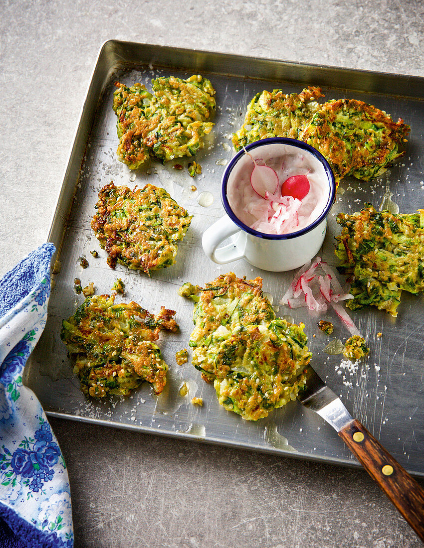Buckwheat and courgette fritters with radish quark