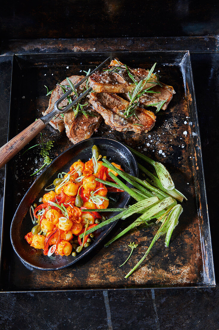 Lamb chops with ajvar gnocchi and baby fennel