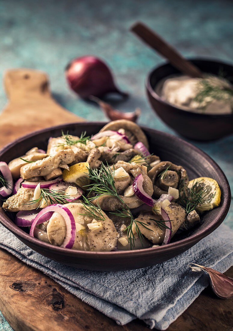 Bowl of pickled mushrooms from Russia