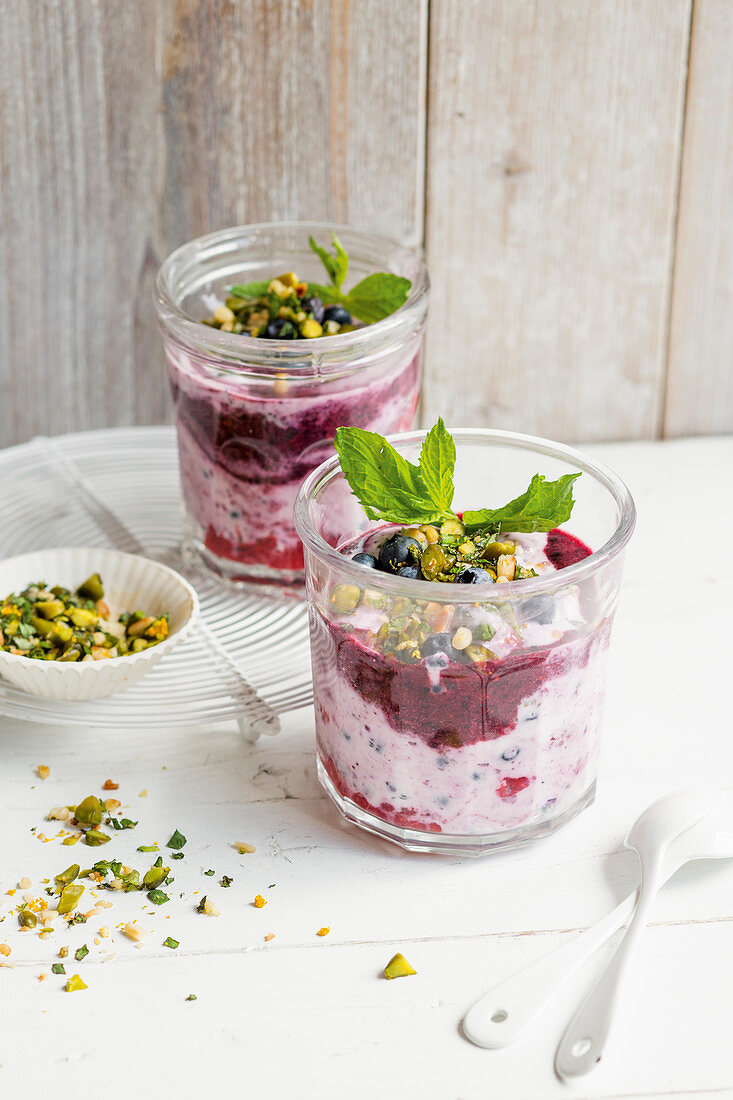 Blueberry yoghurt with an orange and nut mix