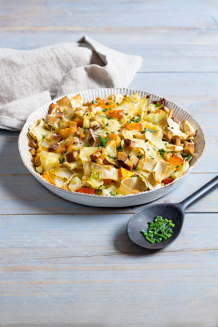 Pumpkin and cabbage Fleckerl (Austrian pasta) with tofu