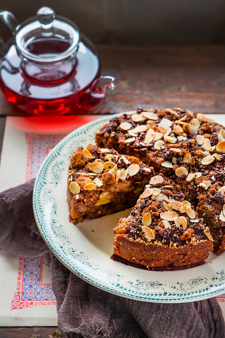 Bread cake with chocolate, apples and almonds