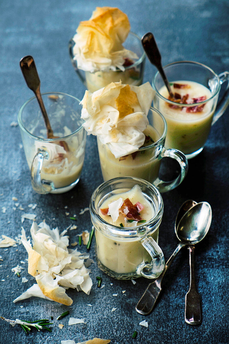 Parsnip and Apples cream soup with roasted speak
