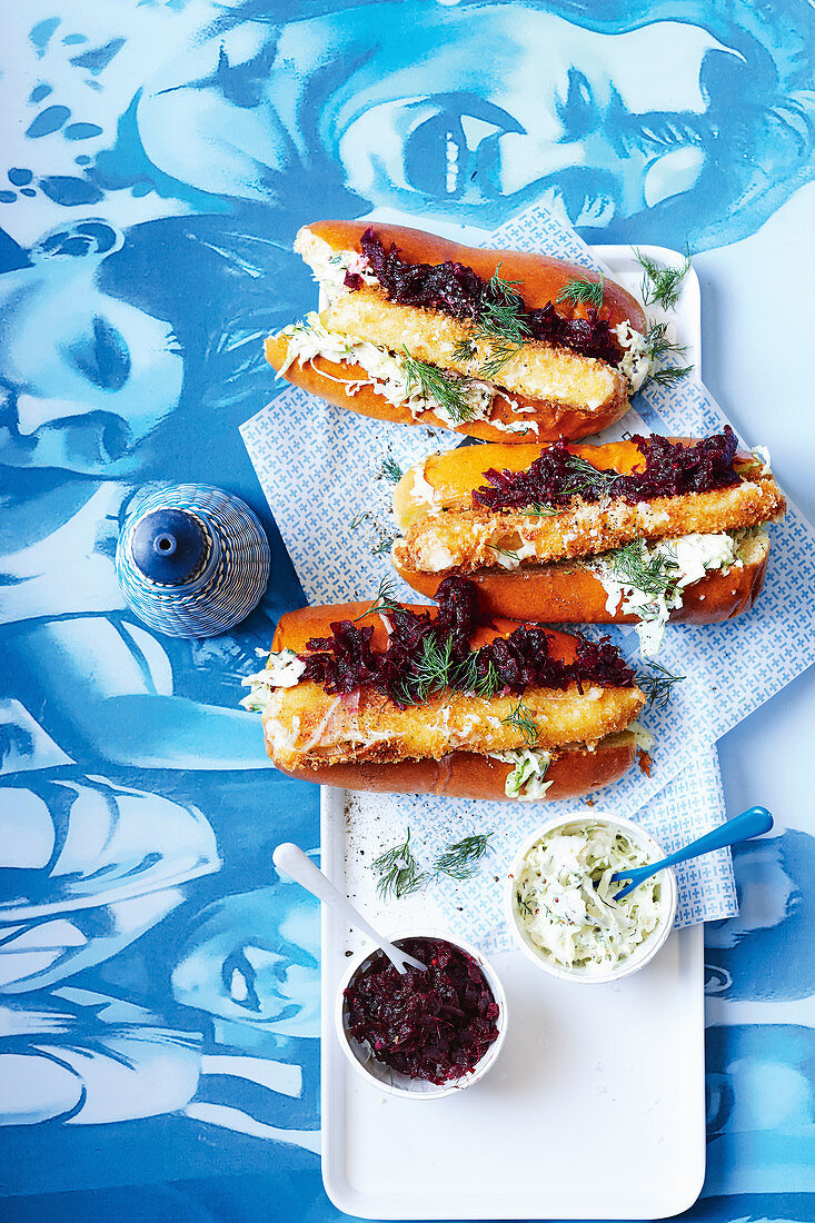 Greek Saganaki hotdogs with beetroot relish