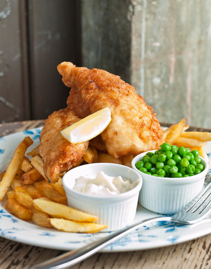 Fish and chips, peas and mayonaise