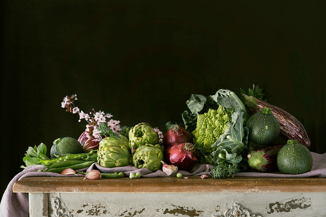 Beautiful rustic arrangement of various green vegetables