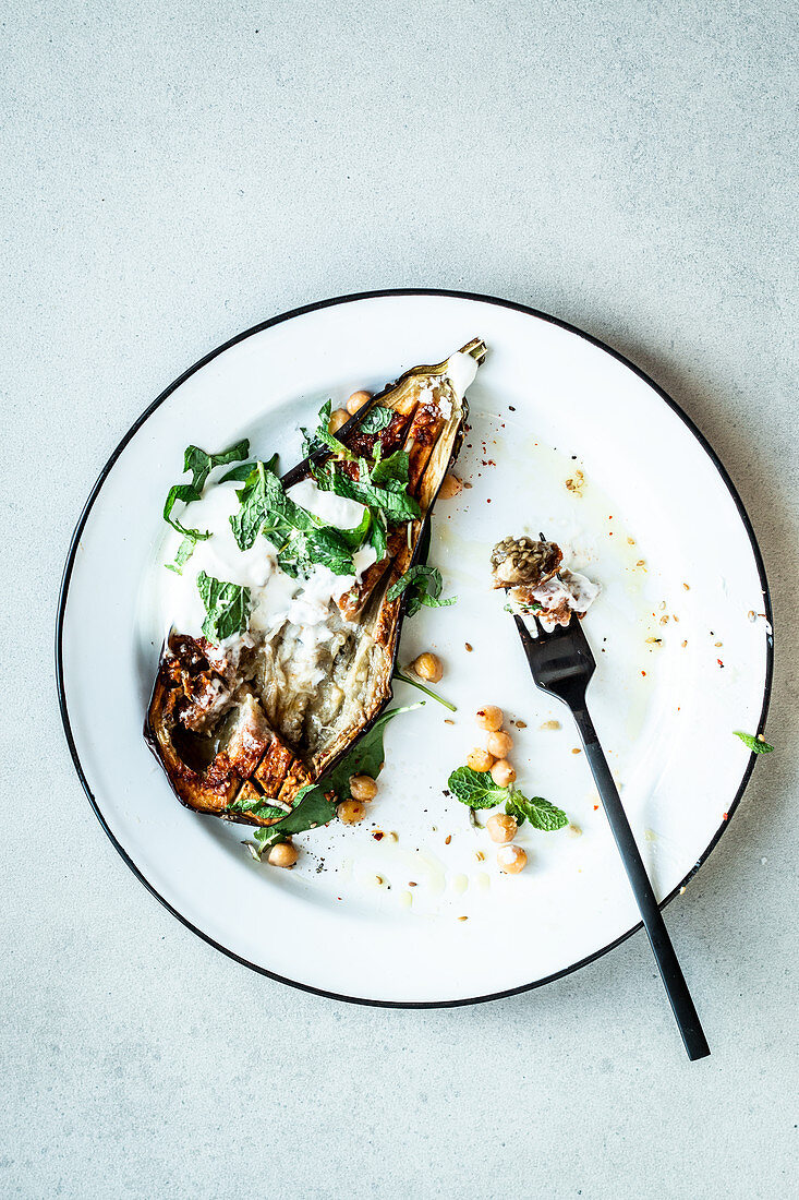 Oven-baked aubergine with a chickpea salad and mint yoghurt, almost eaten up