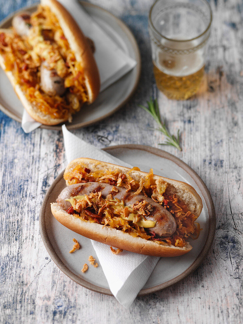 Rhineland hot dogs with sauerkraut and roasted onions
