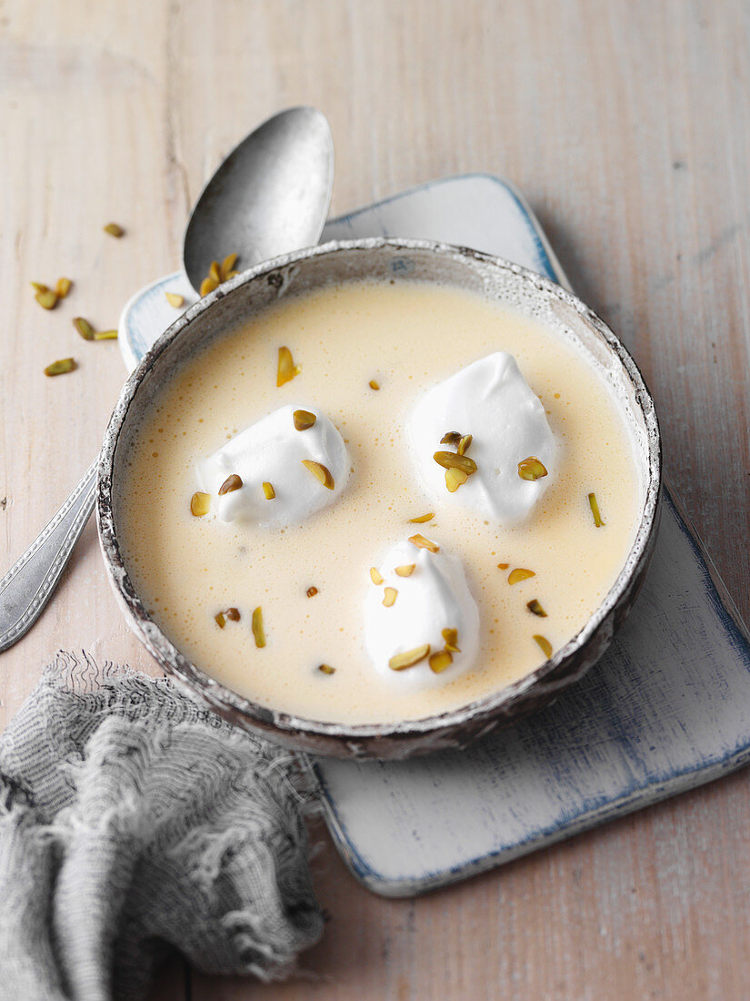 Westphalian beer soup with pistachios and egg gnocchi