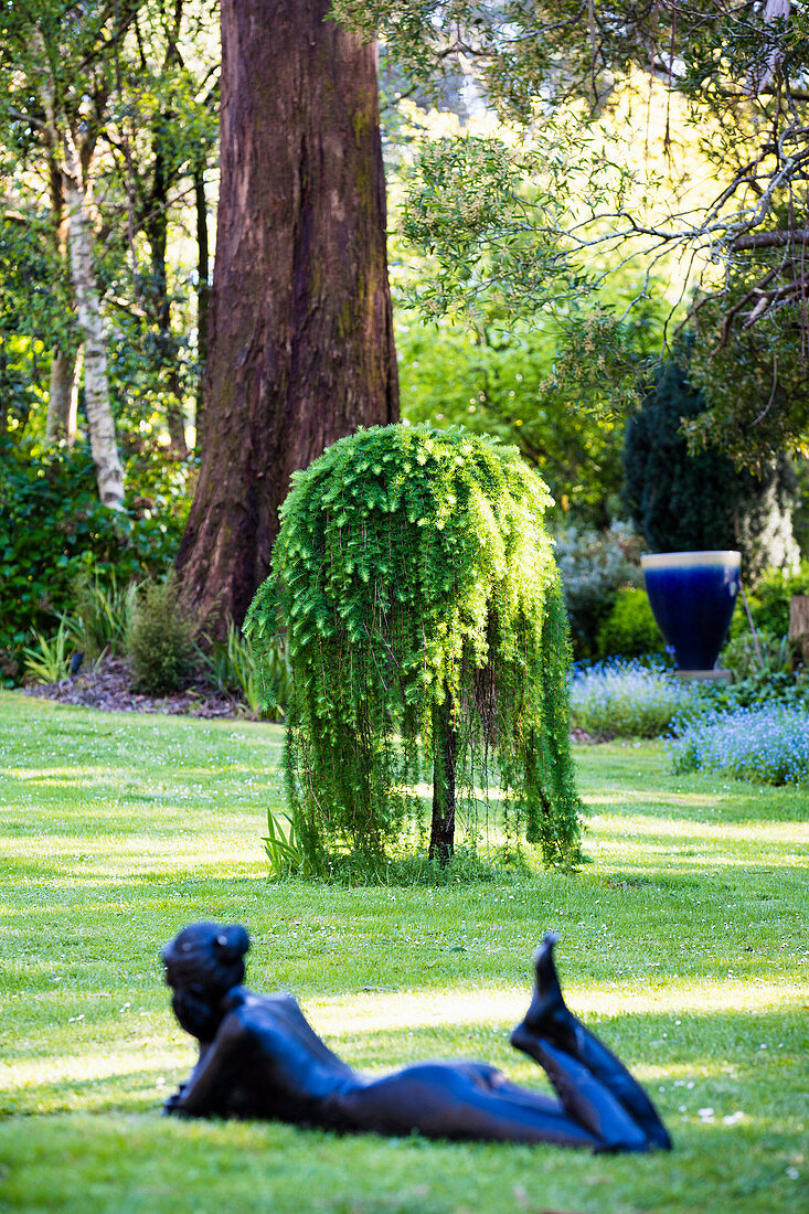 Sculpture of a woman lying on grass, in the background Japanese larch (Larix decidua 'Pendula') in the garden