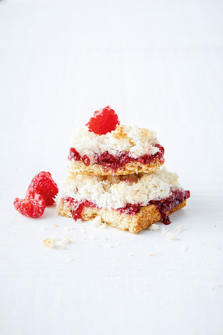 Gluten-free raspberry coconut slice