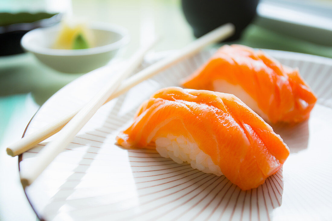 Authentic Japanese salmon nigiri