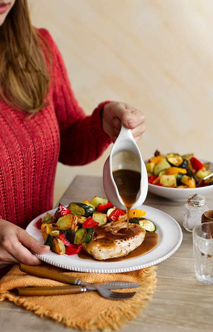 Turkey roast with gravy and vegetable