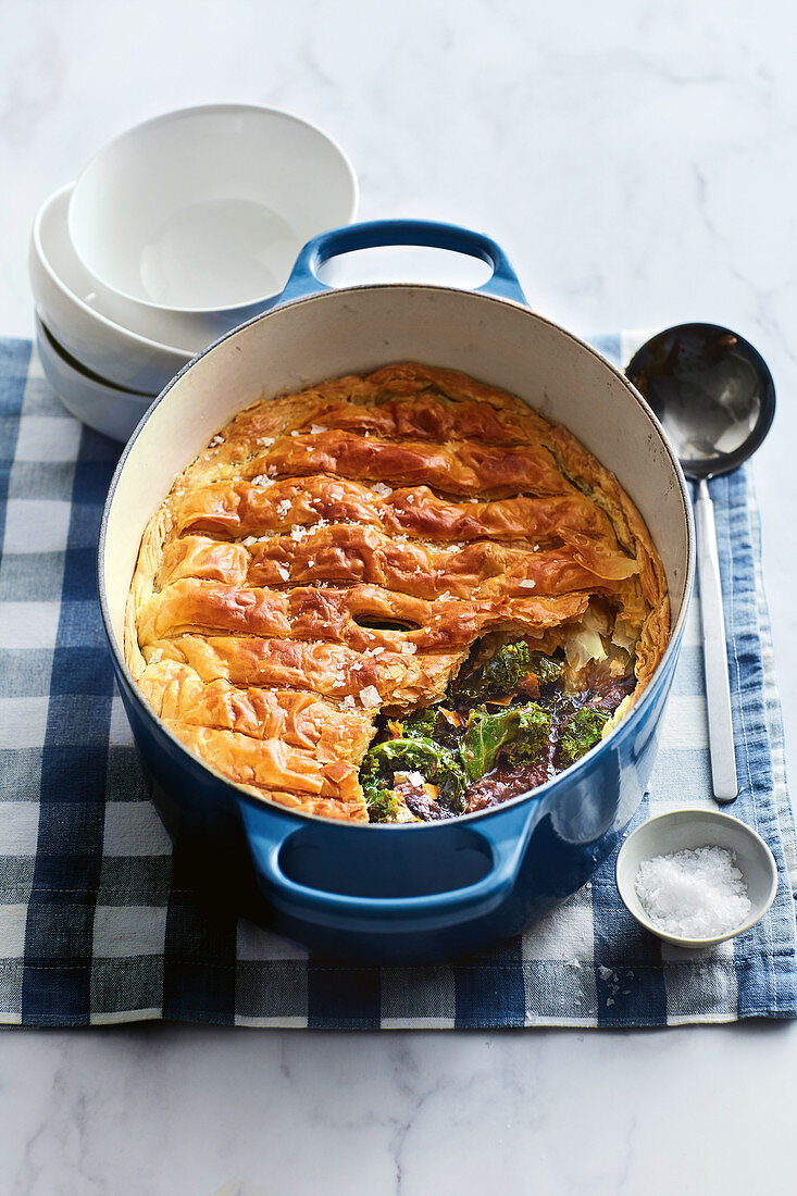 Braised beef cheeks and greens pot pie