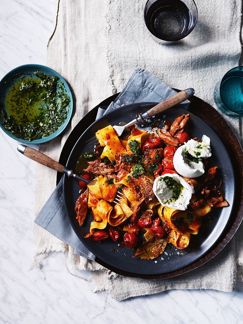 Lamb shank pappardelle with rosemary and thyme gremolata