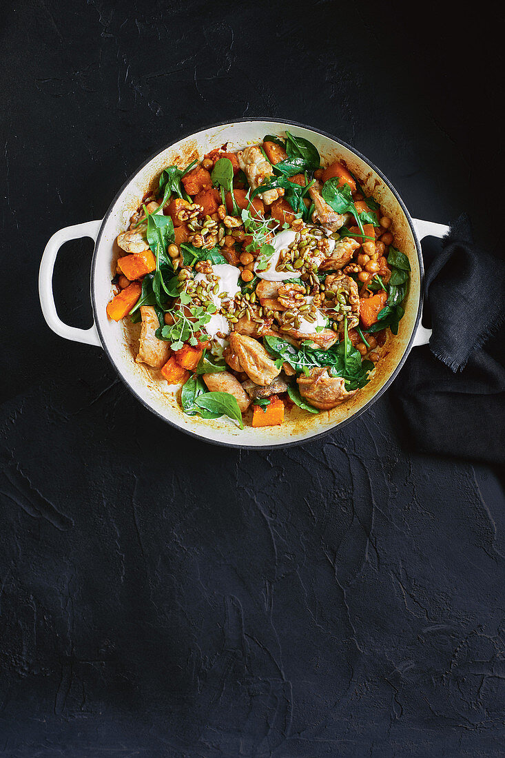 Chicken with candied pumpkin and chickpeas