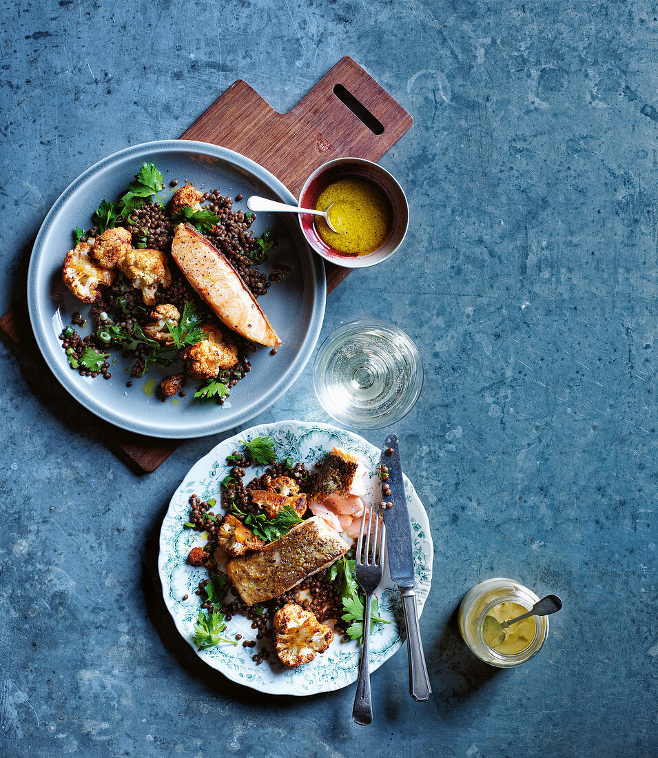 Salmon with black lentils and roasted cauliflower