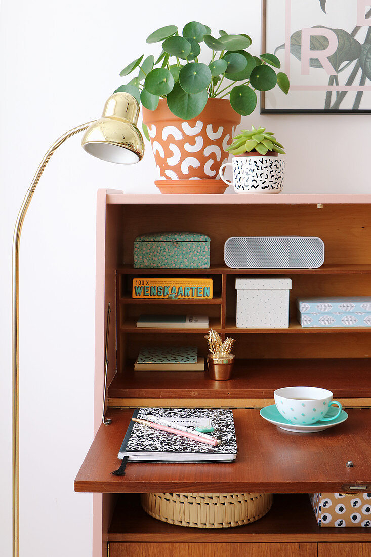 Houseplants on retro bureau restored and given pink top and sides