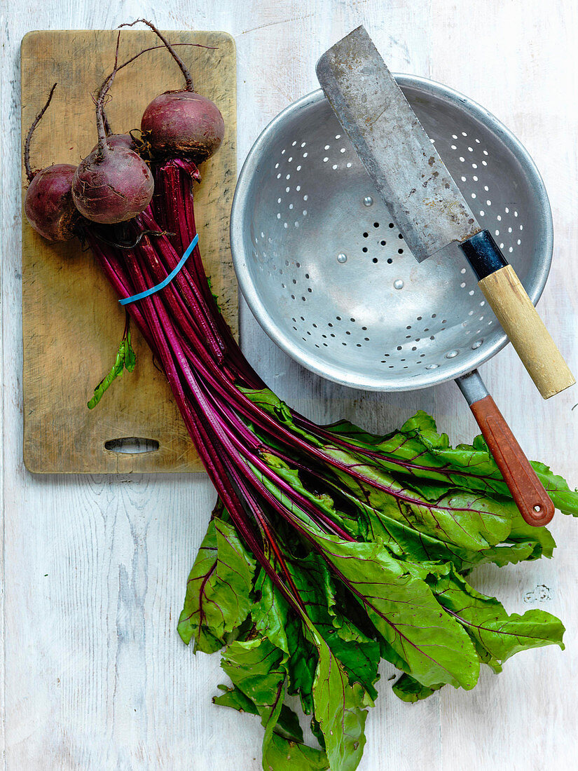 Fresh picked Beetroot and culander with japanese vegetable knife