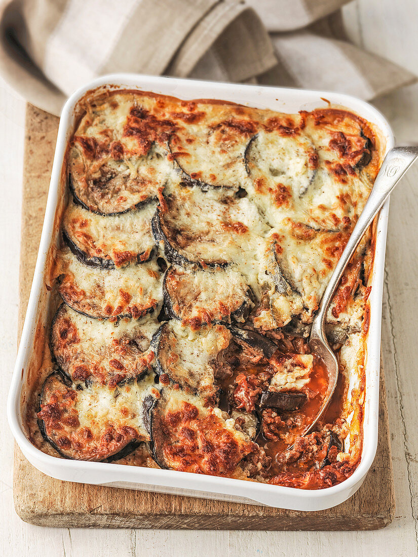 Greek moussaka made with aubergines minced lamb and tomato