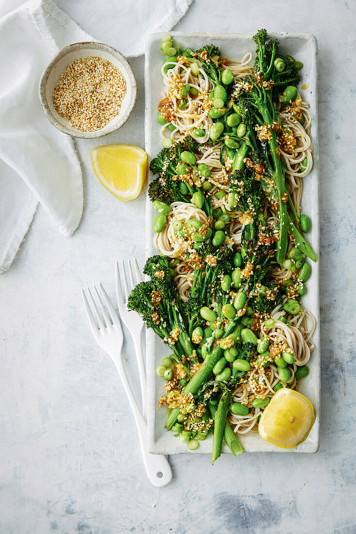 Sobanudelsalat mit gebratenen Brokkolini, Edamame und Sesambutter