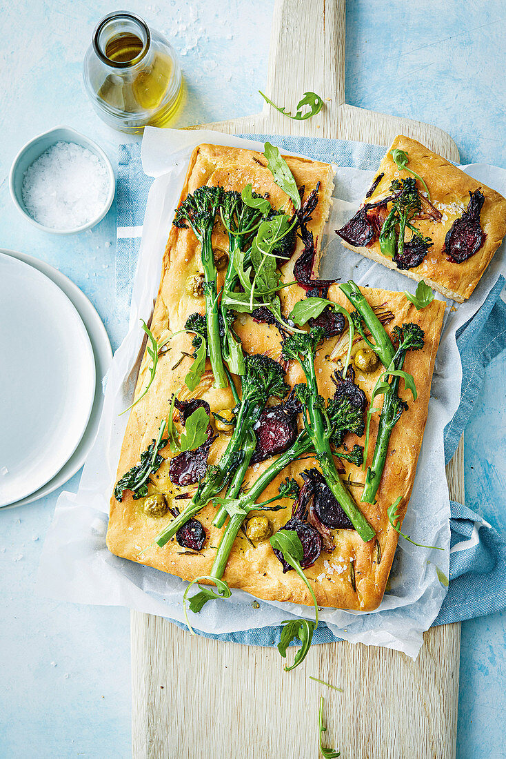 Beetroot, rosemary and broccolini focaccia