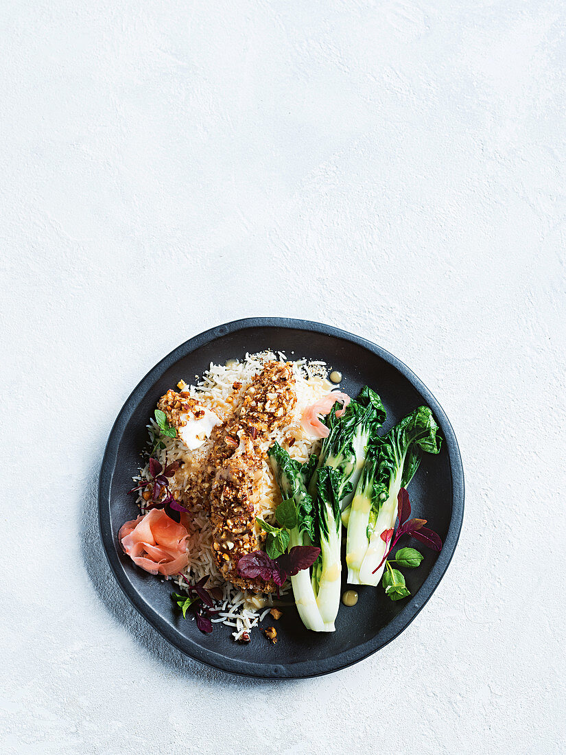 Almond-crumbed fish with miso vinaigrette