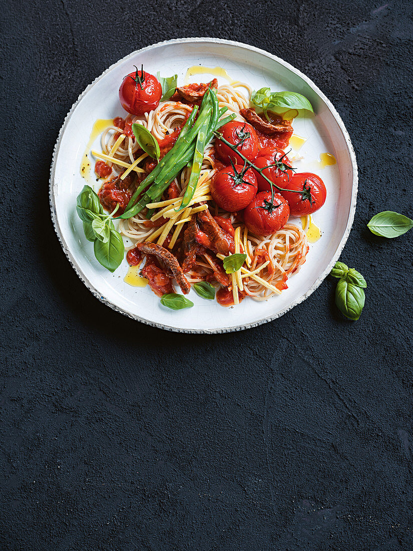 Lamb arrabbiata with spaghetti