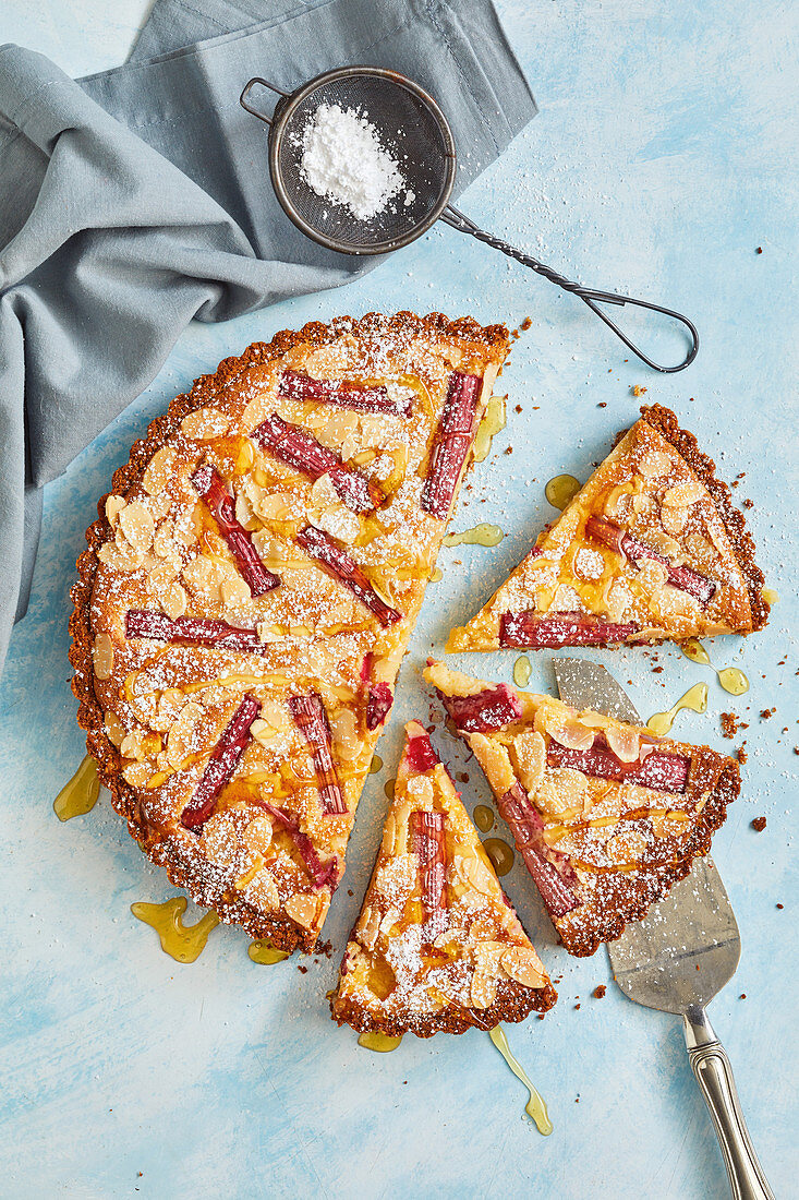 Rhubarb, apple and almond pie with hones drizzle