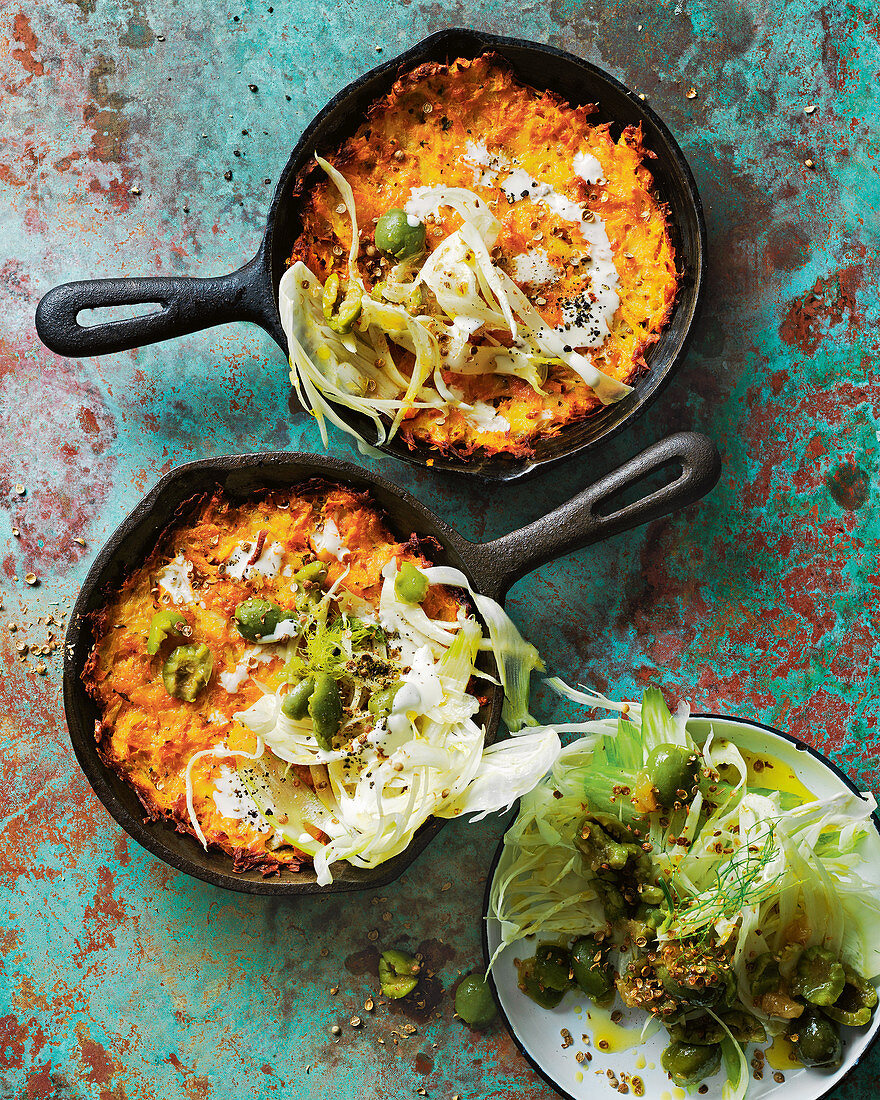 Crispy carrot, sweet potato and haloumi baked rosti