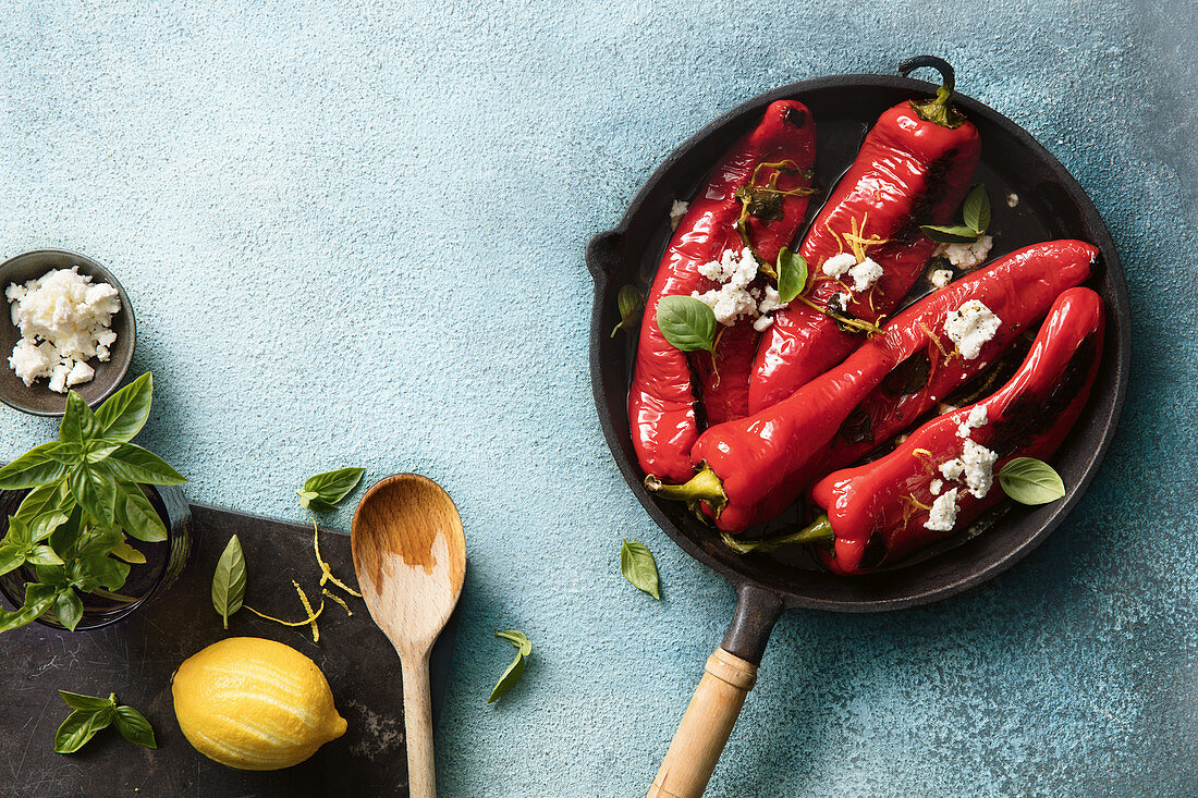 Braised peppers with feta, lemon and herbs