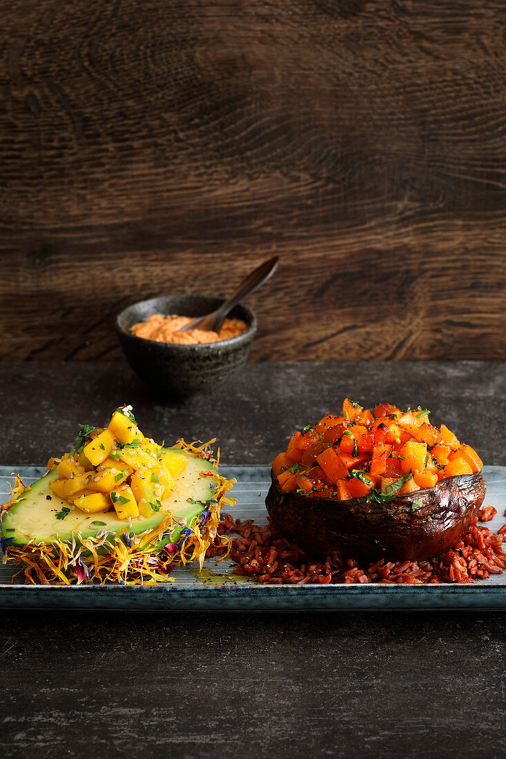 Stuffed portobello mushrooms with apricot and avocado salsa