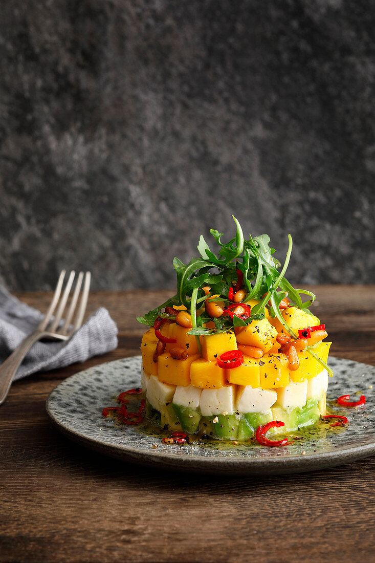 Mango, mozzarella, and avocado salad with acacia honey