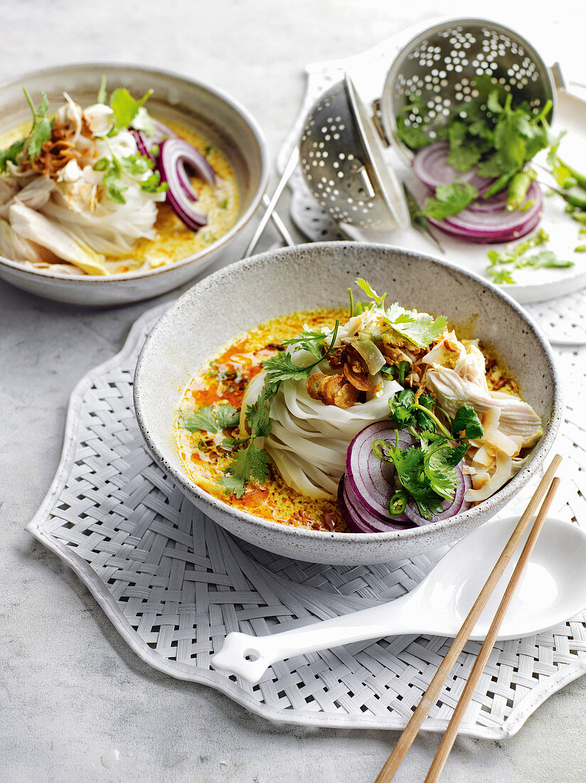 Coconut chicken soup with rice noodles and red onion (Asia)